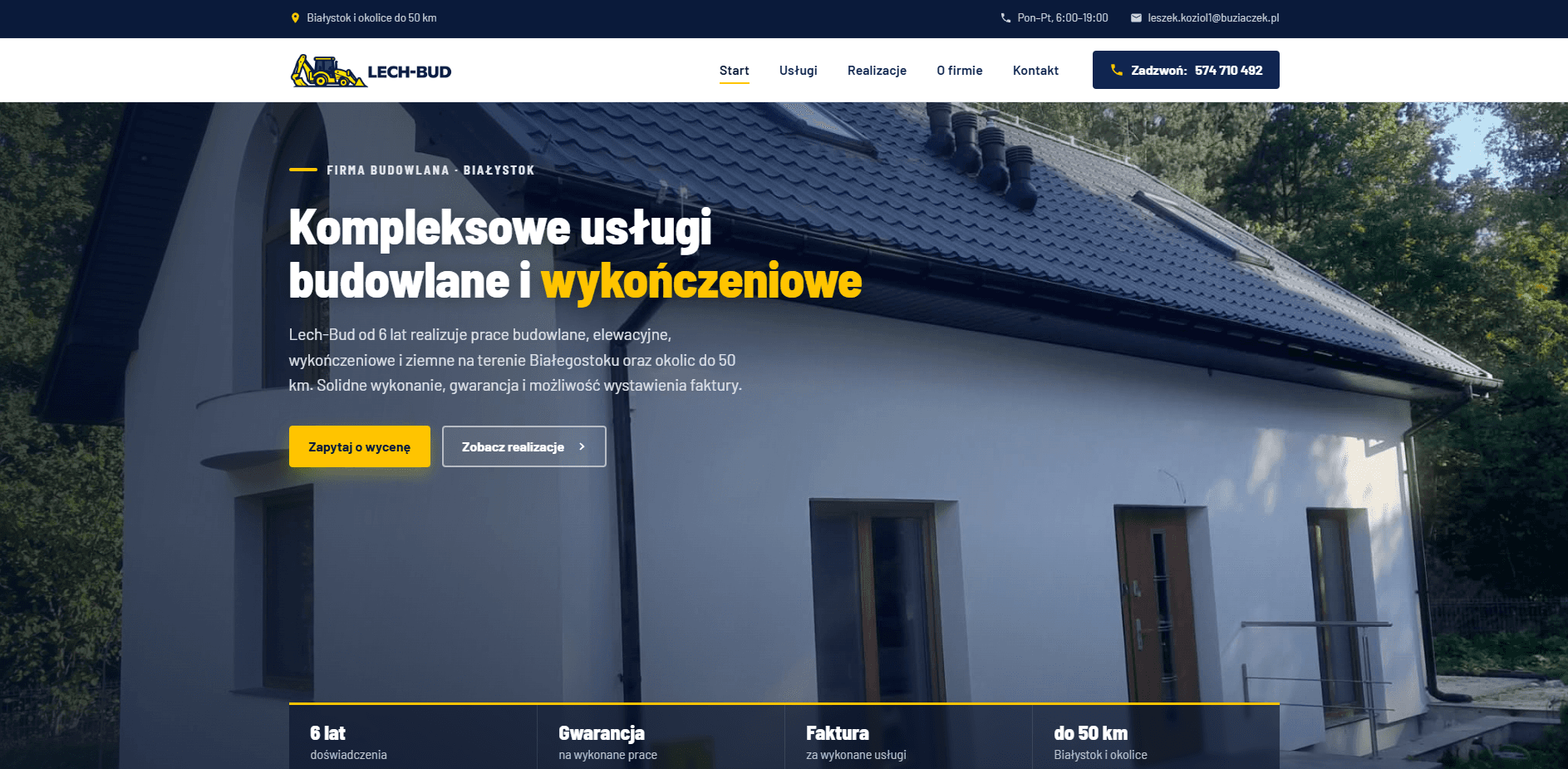 Strona główna serwisu Lech-Bud — sekcja hero z nagłówkiem o usługach budowlanych i wykończeniowych na tle domu jednorodzinnego.