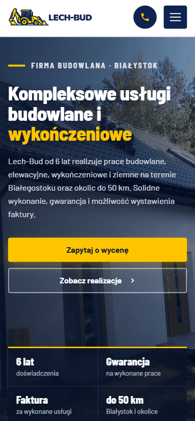 Strona główna Lech-Bud w widoku mobilnym — hero i sekcja usług dopasowane do ekranu telefonu.