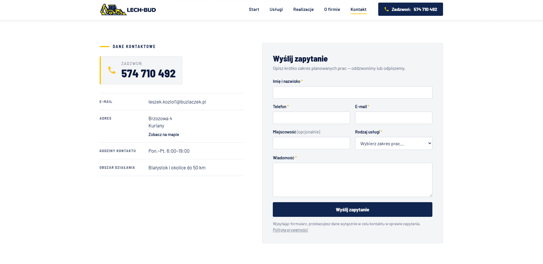 Podstrona kontaktu Lech-Bud na desktopie — dane kontaktowe obok formularza zapytania.