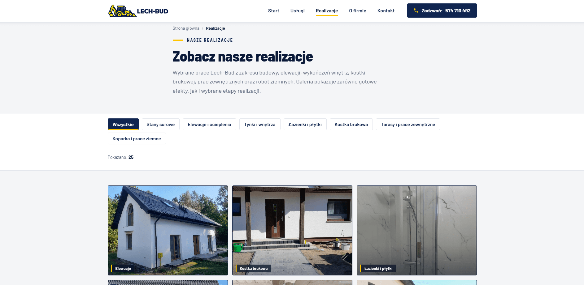 Podstrona realizacji Lech-Bud na desktopie — galeria zdjęć z filtrowaniem po rodzaju prac.