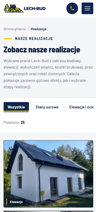Podstrona realizacji Lech-Bud w widoku mobilnym — galeria z filtrami w układzie na telefon.